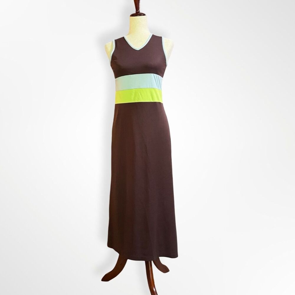 Express, VTG 90s Brown C-Neck Sleeveless Stripe Maxi Dress, XS